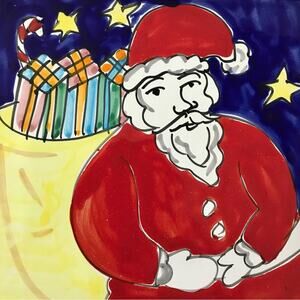 Italian Christmas Trivet Ceramic Clay Santa Claus Hand Painted Vintage